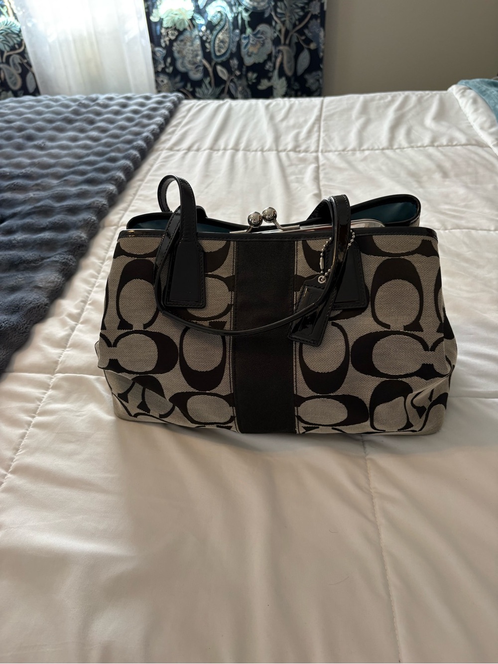 Coach Black and Cream Signature Canvas Shoulder Satchel